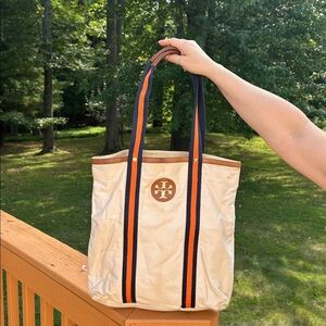 Tory Burch Cream Tote with Navy and Orange Accents